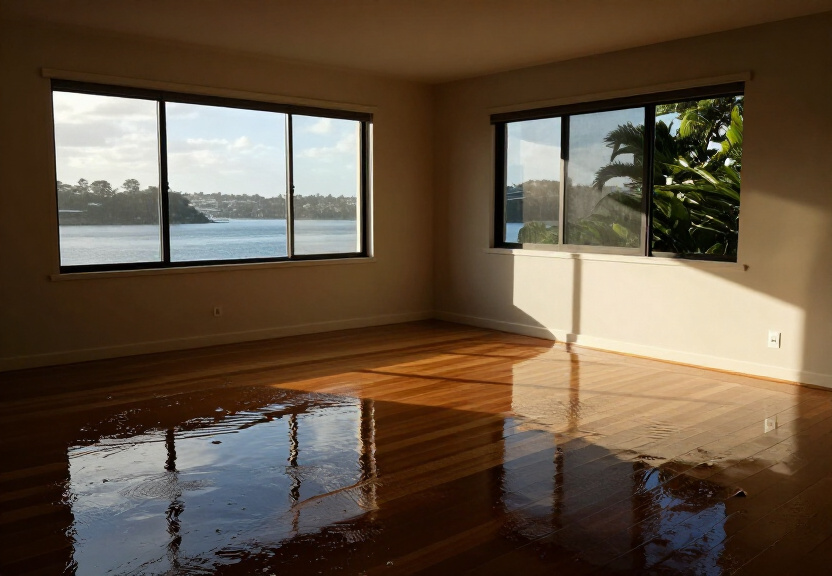 Flooded living room in Waverley before restoration