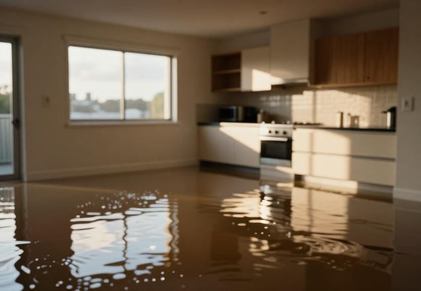 Flooded kitchen in Waverley before drying